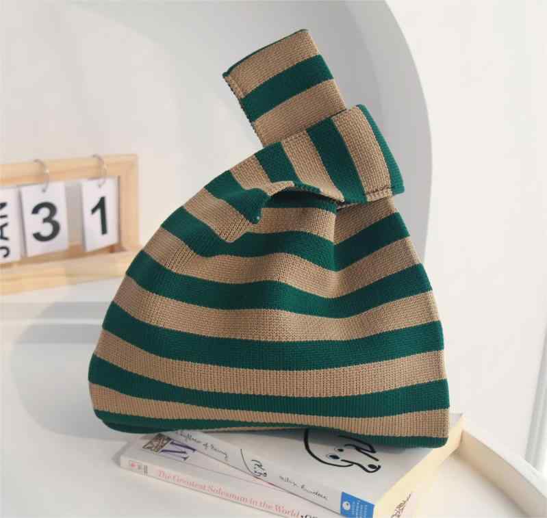 Handbag - ニット トップス ストライプ 柄 シンプル デザイン 編み込み バックパック 学生用 ハンドバッグ ショルダーバッグ 普段使い 軽量 肩掛け スタイル 肩紐 調整 可能 コットン 混 素材 通学 コーデ アクセサリー