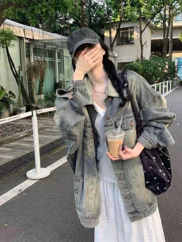 ジャケット レディース デニムジャケット Gジャン アウター ジージャン 上着 羽織り 春秋 長袖 ミディアム丈 オーバーサイズ ビッグシルエット ゆったり 体系カバー 大きいサイズ 細見え アメリカン レトロ ヴィンテージ ウォッシュ加工 カジュアル