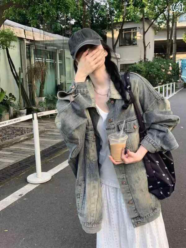 リバーパディのジャケット レディース デニムジャケット Gジャン アウター ジージャン 上着 羽織り 春秋 長袖 ミディアム丈 オーバーサイズ ビッグシルエット ゆったり 体系カバー 大きいサイズ 細見え アメリカン レトロ ヴィンテージ ウォッシュ加工 カジュアル｜アングル2