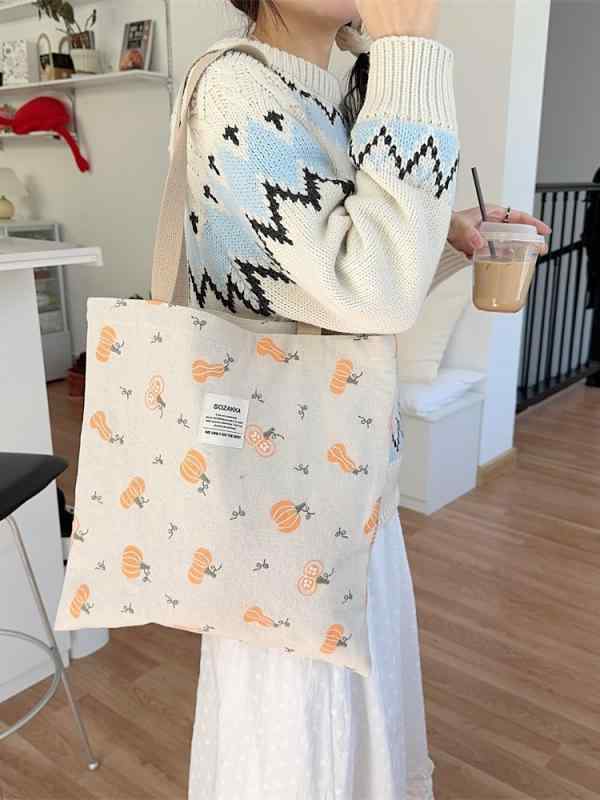 バッグ 女性用 帆布 刺繍 かぼちゃ柄 キャンバス トート ハンド ショルダー 軽量 収納 普段使い 通勤 ブラック