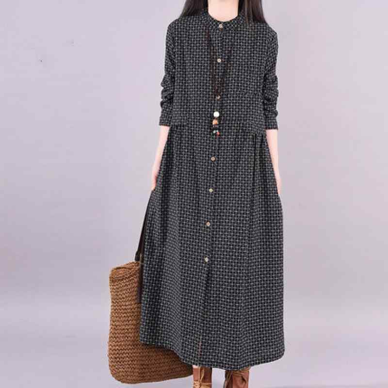 ワンピース レディース 大きいサイズ ゆったり 秋冬 チャイナドレス ロング丈 長袖 綿麻 チェック柄 切り替え レトロ 体型カバー 着痩せ お腹周りカバー 膝下 ミモレ丈 Aライン マキシ丈 普段使い ナチュラル シンプル ブラック カジュアル ぽっ