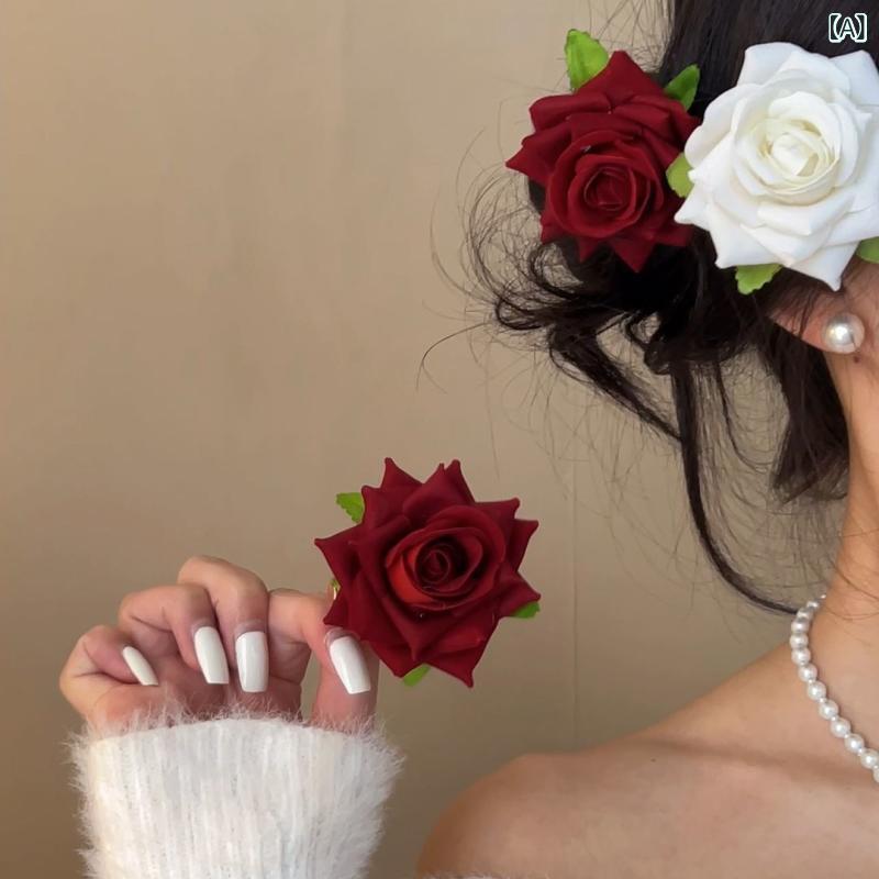 ヘアアクセサリー レディース 髪飾り ヘアクリップ バラ 赤い薔薇 花ヘッドドレス ...