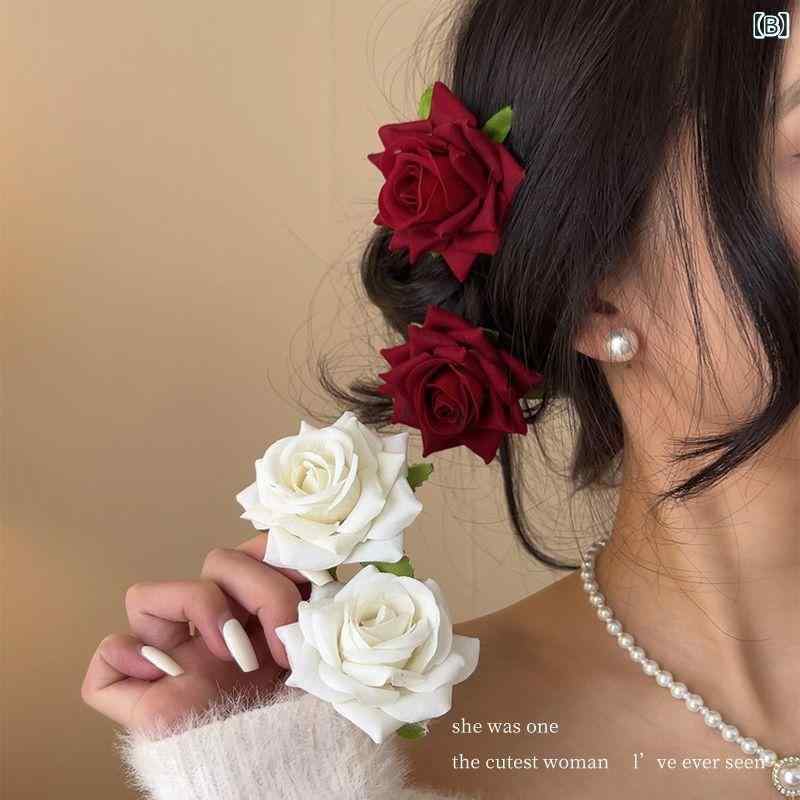 ヘアアクセサリー レディース 髪飾り ヘアクリップ バラ 赤い薔薇 花ヘッドドレス ...