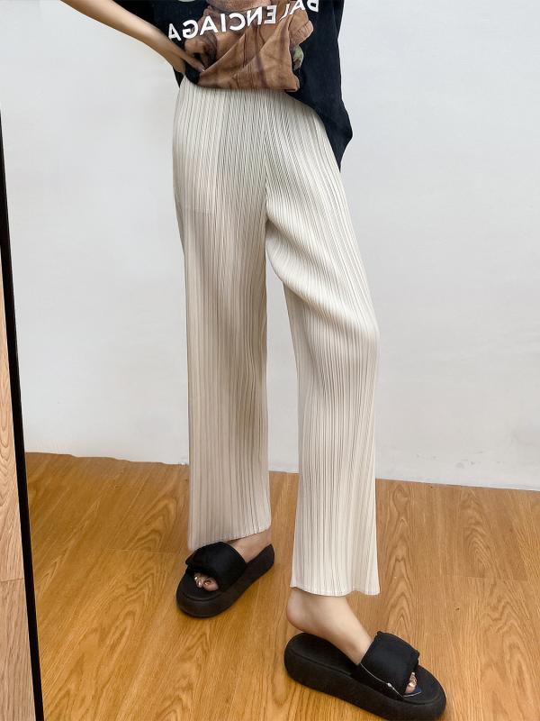 パンツ レディース ゆったり ストレートパンツ ボトムス ズボン ハイウエスト 体型カバー 着痩せ 細見え 縦ライン プリーツ加工 イージーパンツ 無地 カジュアル きれいめ 伸縮性 通気性 軽量 部屋着 通勤用 普段使い 普段着 美脚効果 足長効果 落 riverpaddy-11526192 リバーパディ パッケージ画像
