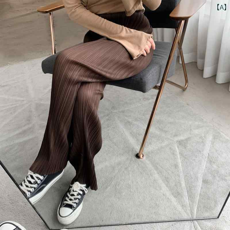 パンツ レディース ゆったり ストレートパンツ ボトムス ズボン ハイウエスト 体型カバー 着痩せ 細見え 縦ライン プリーツ加工 イージーパンツ 無地 カジュアル きれいめ 伸縮性 通気性 軽量 部屋着 通勤用 普段使い 普段着 美脚効果 足長効果 落 riverpaddy-11526192 リバーパディ サンプル画像2