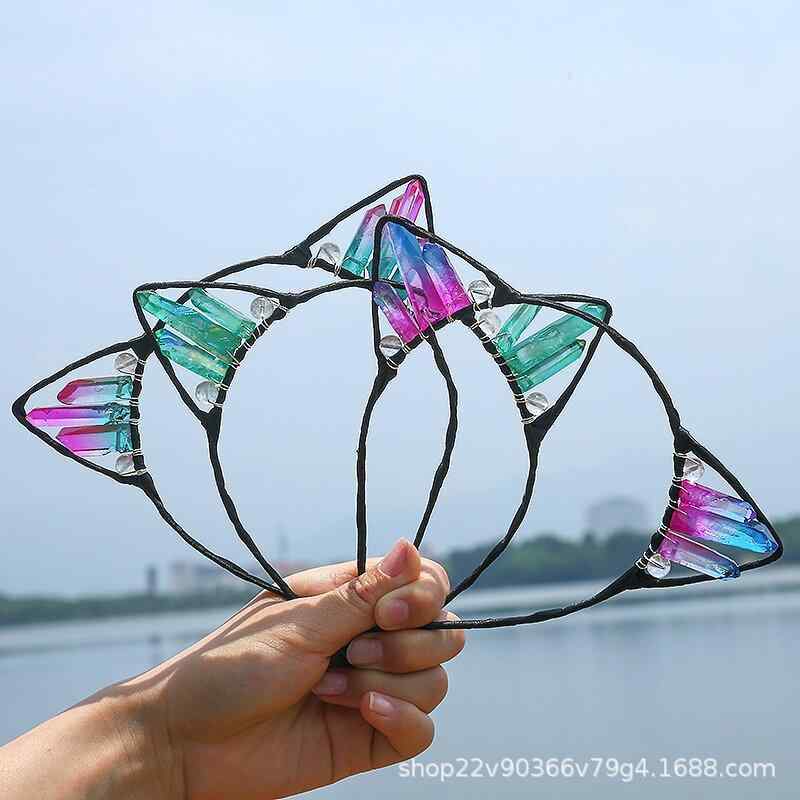 カチューシャ レディース 猫耳 天然水晶 クリスタル ヘアアクセサリー 電気メッキ...