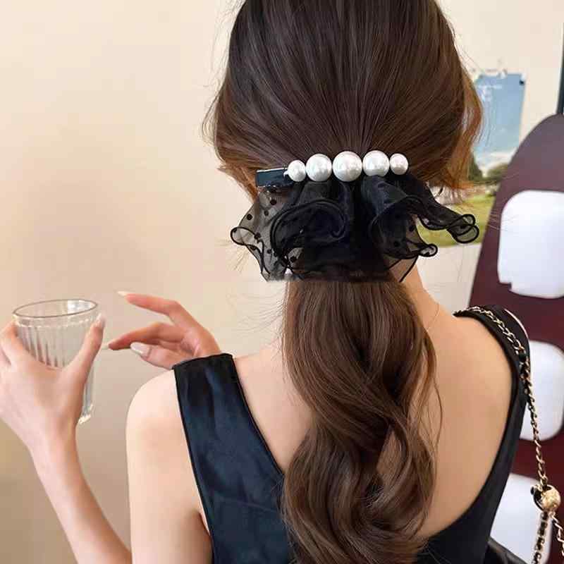 ヘアクリップ レディース バレッタ 髪飾り ブラック 真珠調 パール 真珠 おしゃれ ...
