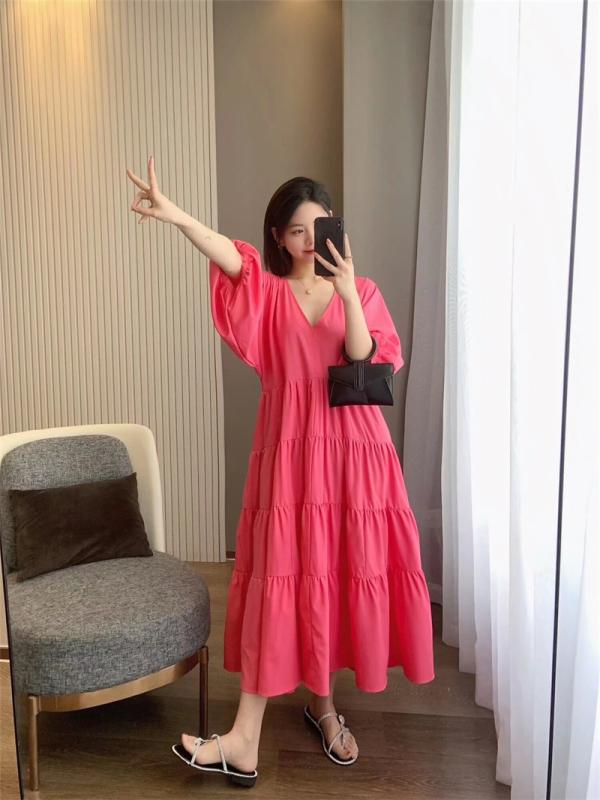 ワンピース レディース 大きいサイズ ゆったり 体型カバー Vネック 切り替え ギャザー ロング丈 膝下丈 マキシ丈 ボヘミアン エスニック 長袖 五分袖 七分袖 袖あり ヨーロッパ アメリカ カジュアル フェミニン 着痩せ 細見え お腹周り 二の腕