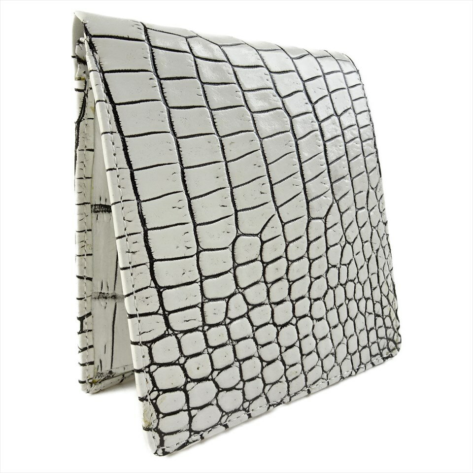 未使用 JRA認定タグ クロコダイルレザー 二つ折り 財布 ホワイト 目地染め 黒 無双 白 ツヤ仕上げ 本革 小銭入れ ワニ革 ホールカット ミニ財布 ブラック メンズ 4879