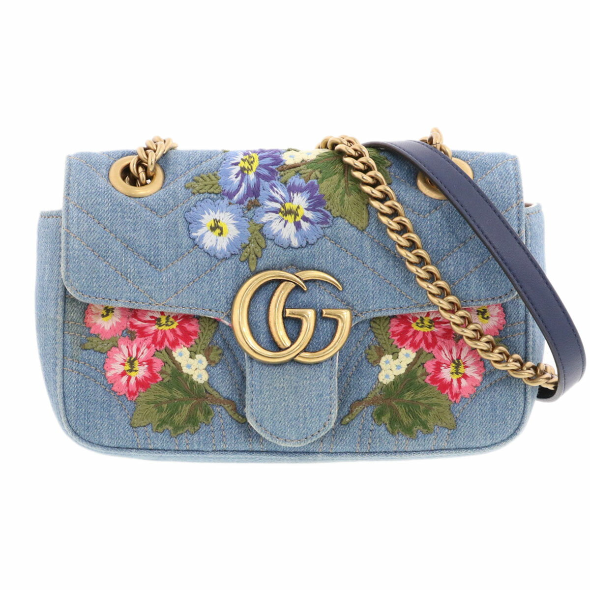 gucci///////////////\\\\\\\\\\\\\\\\\\\\\\\\\\\\\\\\\\\\\\\\\\\\\\\\\\\\\\\\\\\\\\\' - GUCCI グッチ GGマーモント ショルダーバッグ日本限定 446744 デニム フラワー刺繍 インディゴ ゴールド金具 レディース【中古】