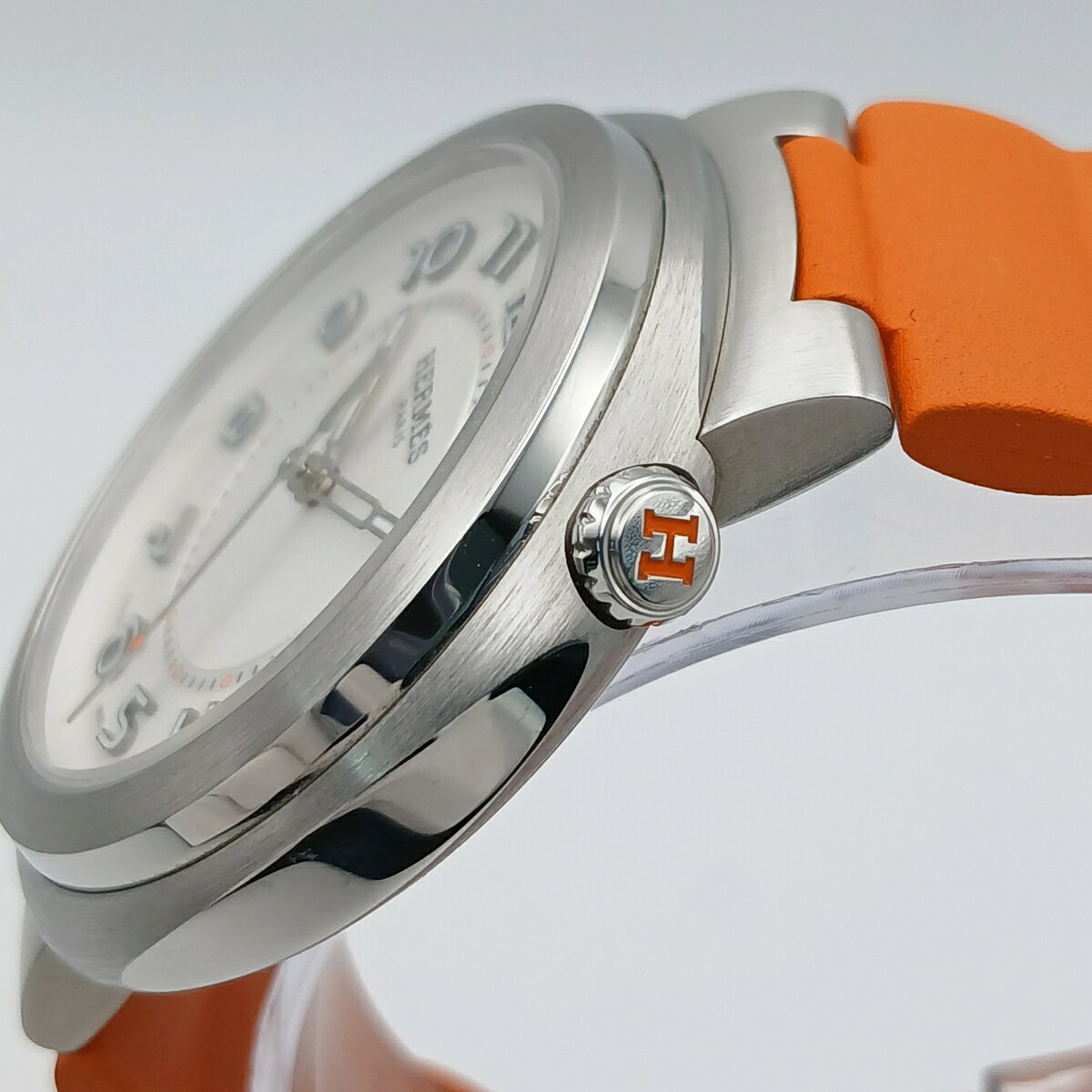 PAWNSHOP RiZのHERMES エルメス エルメスカット GM 腕時計 SD1.510.220 ステンレス ラバー シルバー オレンジ 自動巻き レディース【中古】｜アングル2