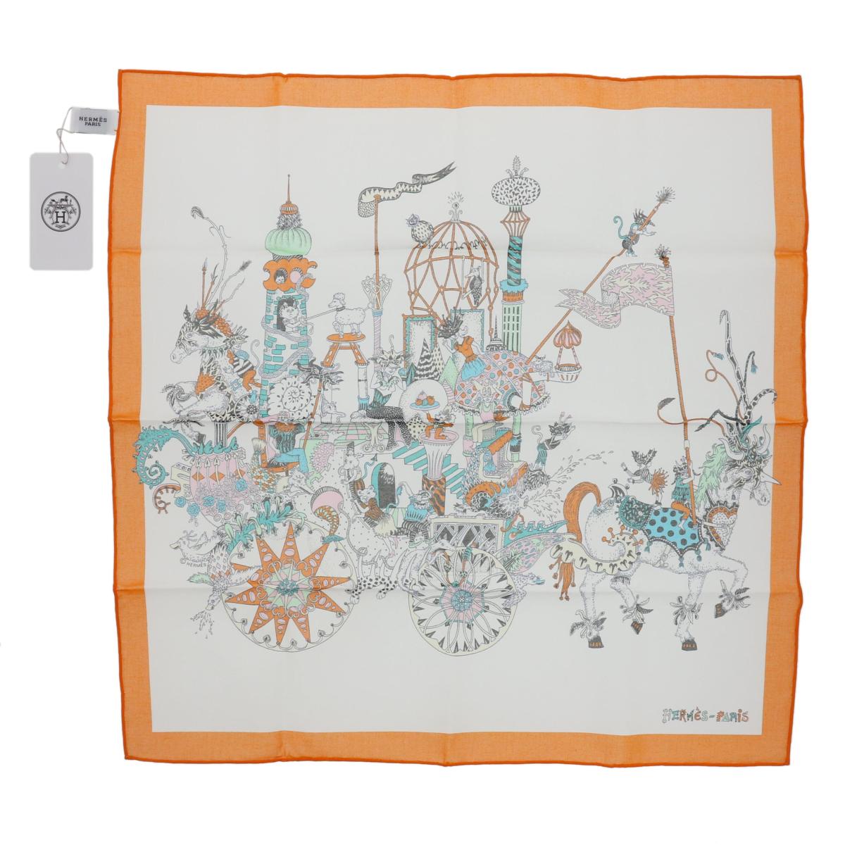 【美品】HERMES (エルメス) カレ45 La Folle Parade 服飾 マフラー/スカーフ/ネクタイ Orange