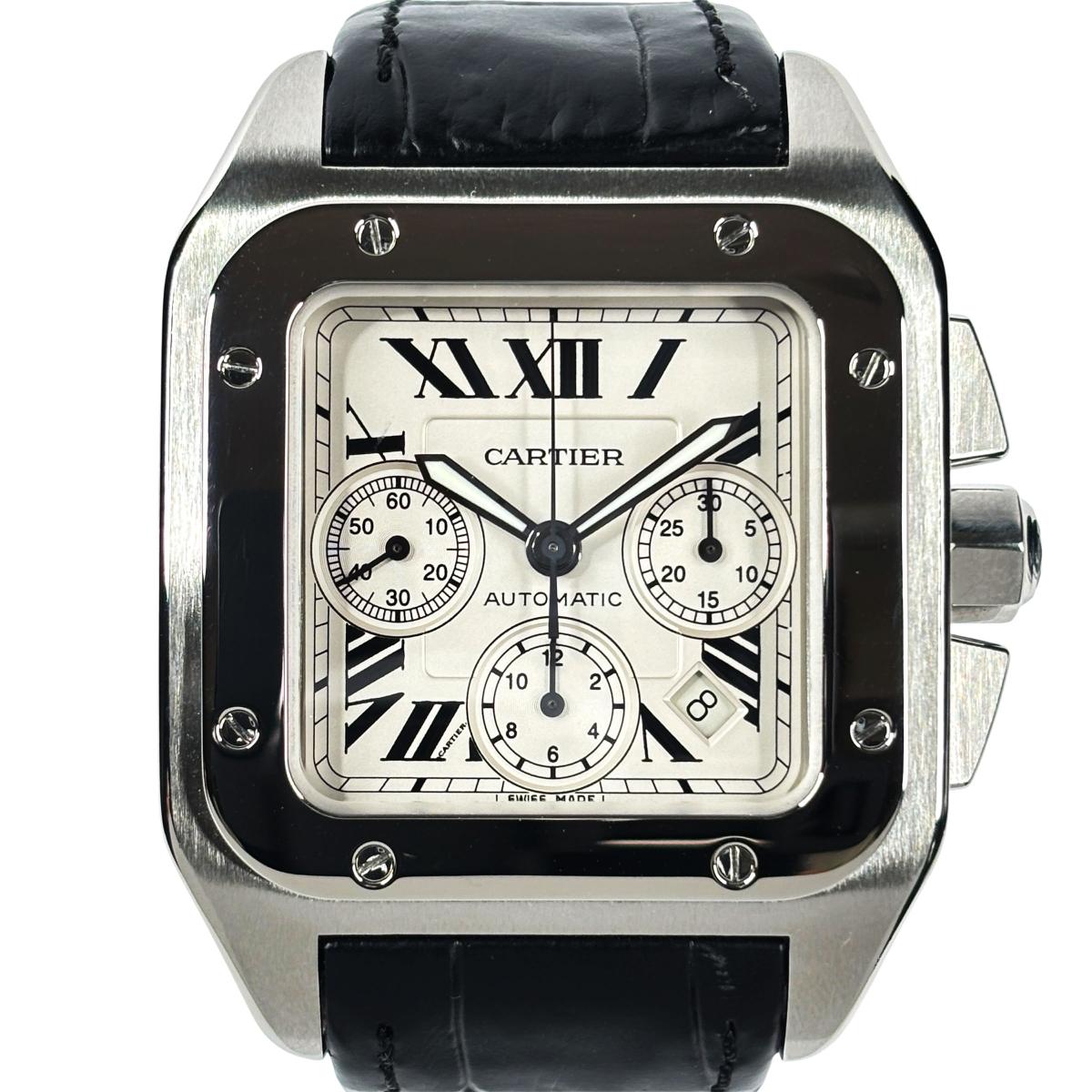Cartier (カルティエ) サントス100 XL クロノグラフ 腕時計 メンズ W20090X8 自動巻き 白文字盤 ブラック used:A【ROR】【中古】
