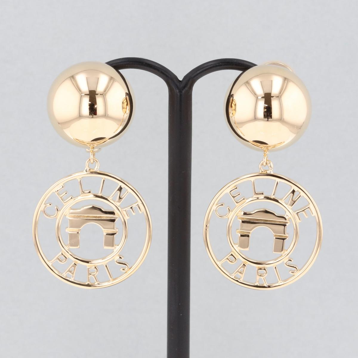 CELINE セリーヌ イヤリング 750 凱旋門モチーフ K18YG イエローゴールド ラウンド スイング ブランド..
