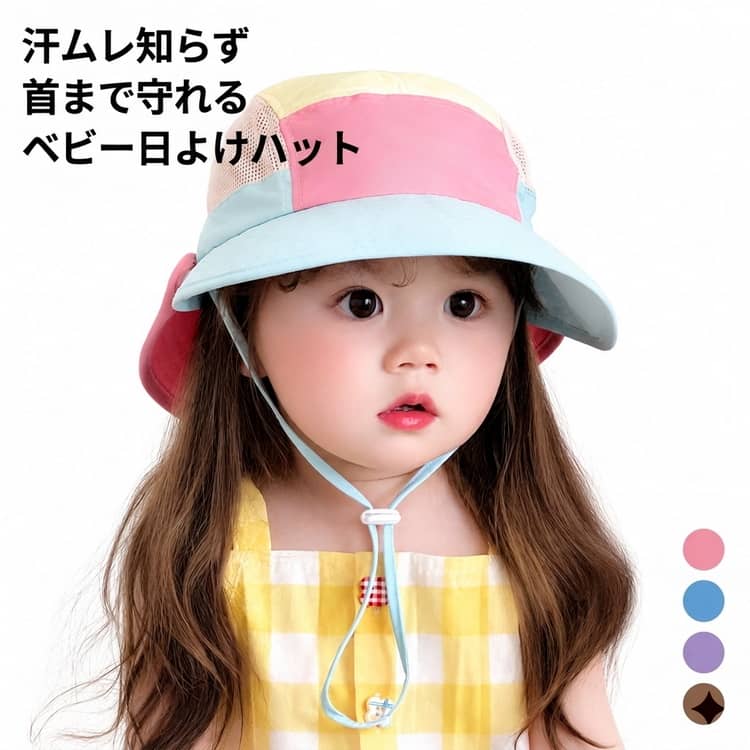 メッシュ生地を採用。空気が循環しやすく汗を速やかに逃がし、真夏でも頭が蒸れにくい速乾仕様。後ろに取り外し可能な首ガード付きデザイン。つば＋首カバーで顔・首後ろを丸ごと紫外線ブロック。ボタン留めで不要時はパーツを外せ、普通のバケットハットとしても着用OK。公園散歩・水遊び・お出かけ夏必須アイテム。あご紐付き、風が強い日や子供が走り回っても帽子がズレ落ちにくく安心。 サイズ 45-50CM 50-54CM サイズについての説明 頭囲：45-50CM、1－3歳おすすめ　頭囲：50-54CM、3－6歳おすすめ　※サイズ表の実寸法は商品によって1-2cm程度の誤差がある場合がございます。 素材 ポリエステル 色 ピンク ブルー パープル コーヒー 備考 ●サイズ詳細等の測り方はスタッフ間で統一、徹底はしておりますが、実寸は商品によって若干の誤差(1cm〜3cm )がある場合がございますので、予めご了承ください。 ●商品の色は、撮影時の光や、お客様のモニターの色具合などにより、実際の商品と異なる場合がございます。あらかじめ、ご了承ください。 ●製品によっては、生地の特性上、洗濯時に縮む場合がございますので洗濯時はご注意下さいませ。 ▼色味の強い製品によっては他の衣類などに色移りする場合もございますので、速やかに（脱水、乾燥等）するようにお願いいたします。 ▼生地によっては摩擦や汗、雨などで濡れた時は、他の製品に移染する恐れがございますので、着用の際はご注意下さい。 ▼生地の特性上、やや匂いが強く感じられるものもございます。数日のご使用や陰干しなどで気になる匂いはほとんど感じられなくなります。