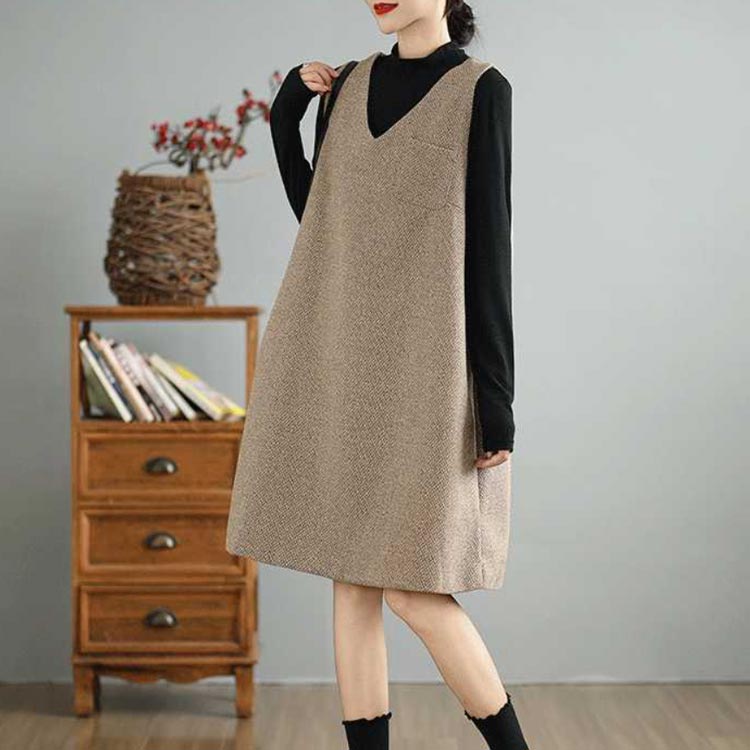 Vネック ノースリーブワンピース ジャンパースカート 体型カバー 膝丈 厚手 ミディアム丈 秋冬 ワンピース ジャンパースカート きれいめ サロペットワンピース 低身長 オフィスカジュアル ジャンスカ チュニックワンピース