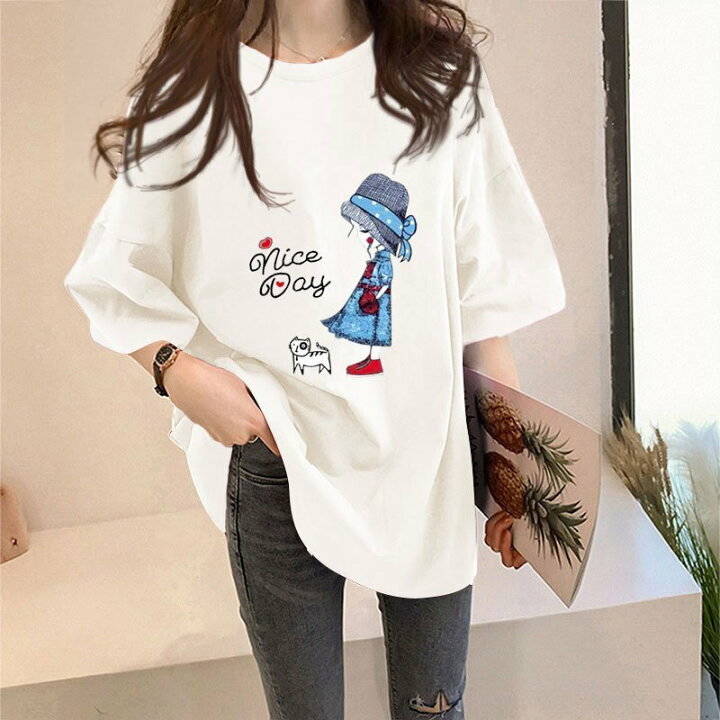 レディース Tシャツトップス 半袖丸首 ゆるTシャツプルオーバー 大きいサイズ着痩せ カジュアル夏新作のサムネイル