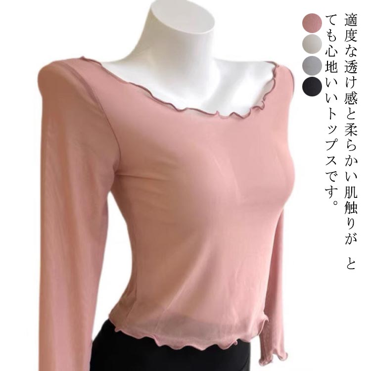 バレエ トップス 大人 フリル メッシュ 長袖 ラウンドネック 透け感 カットソー 上着 新体操 レオトップ ヨガ ダンス コンテンポラリー 社交ダンス ストレッチ シアートップス バレエ用品 レッスン着 送料無料のサムネイル