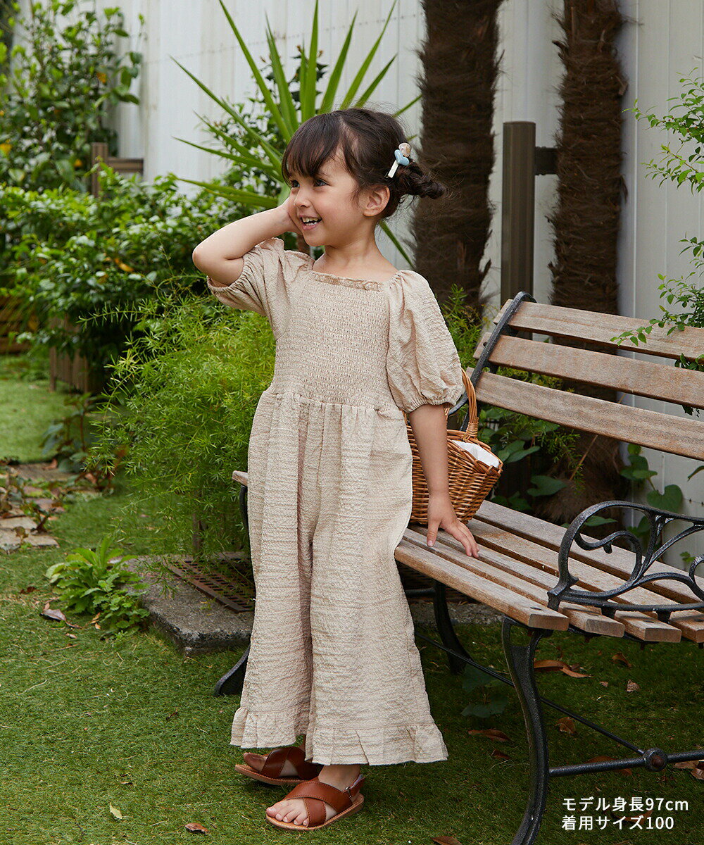 【WINTER SALE 40%OFF】【riziere】パフスリーブシャーリングオールインワン キッズ 女の子 90-150 リジェール 子供服 こども服 パンツ 春 秋 冬 無地 おしゃれ パンツ オールインワン 24SS