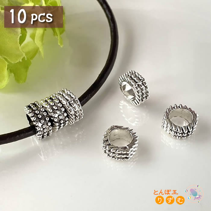 メタルビーズ アクセサリー パーツ 10個 10mm リング アンティーク金具 材料 ロンデル 銀古美 穴大きめ 紐パーツ スペーサー ハンドメイド