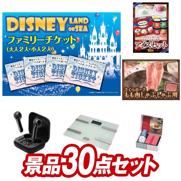 結婚式 景品 30点セット ビンゴ 二次会 披露宴 景品セット【ディズニーファミリーチケット（大人2枚 小人2枚)、ハーゲンダッツ＆フルーツティアラアイスセット】送料無料 特大パネル・目録付き 忘年会・新年会でもOK