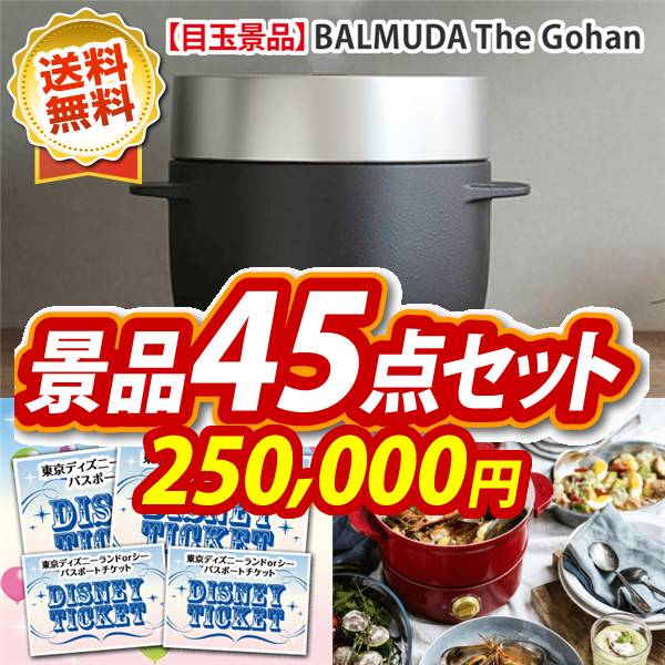 二次会景品45点セット【BALMUDA The Gohan、ディズニーファミリーチケット（大人2枚 小人2枚) 他】送料無料！特大パネル・目録・特典付き！ビンゴや二次会景品にも！結婚式 景品 イベント 景品 会社 法人 景品