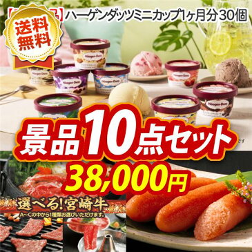 ゴルフ景品10点セット《ハーゲンダッツ ミニカップ 1ヶ月分　30個 / 聘珍樓チャーシュー麺 他》 ゴルフコンペ 景品 10点セット あす楽 特大パネル/目録