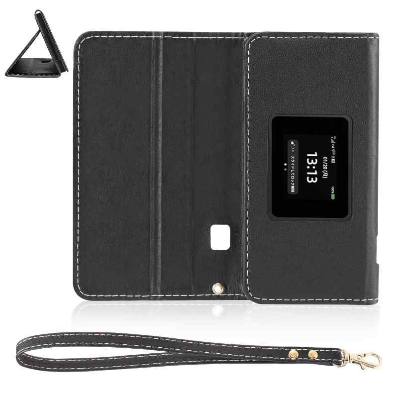 【Speed Wi-Fi 5G 01専用モバイルルーターケース】 PUレザー製、ストラップ付き、磁気吸着式、スタンド..