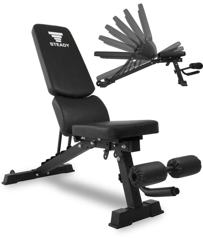 STEADY トレーニングベンチ【耐荷重330kg/背面×座面の角度調整/折畳み可/独自構造の腰保護パッド】ベンチ 腹筋 背筋 インクラインベンチ 筋トレ 足固定 ダンベル ベンチプレス ローマンチェ