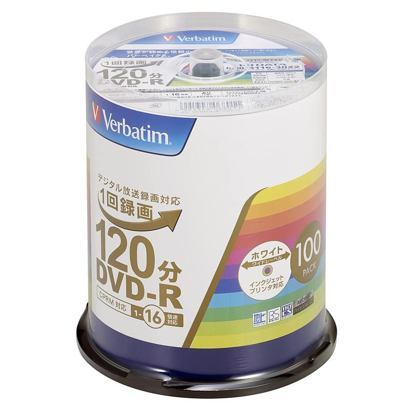 Verbatim バーベイタム 1回録画用 DVD-R CPRM 120分 100枚 ホワイトプリンタブル 片面1層 1-16倍速 VHR12JP100V4品種:録画用 DVD-R1回録画用録画時間:120分盤面印刷:（ホワイト） / 範囲:22mm-118mm(ワイド)倍速:1-16倍速,ケース:スピンドルケース,入り数:100枚