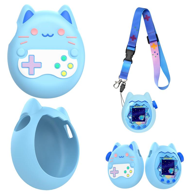 For Tamagotchi Paradise(たまごっちパラダイス) 専用ケース【Srelirly】3倍高反発 保護カバー 耐衝撃 落下防止 防塵防汚 防水 指紋防止 食品級安全 可愛い猫型 全面保護ケース 紛失防止ストラップ付