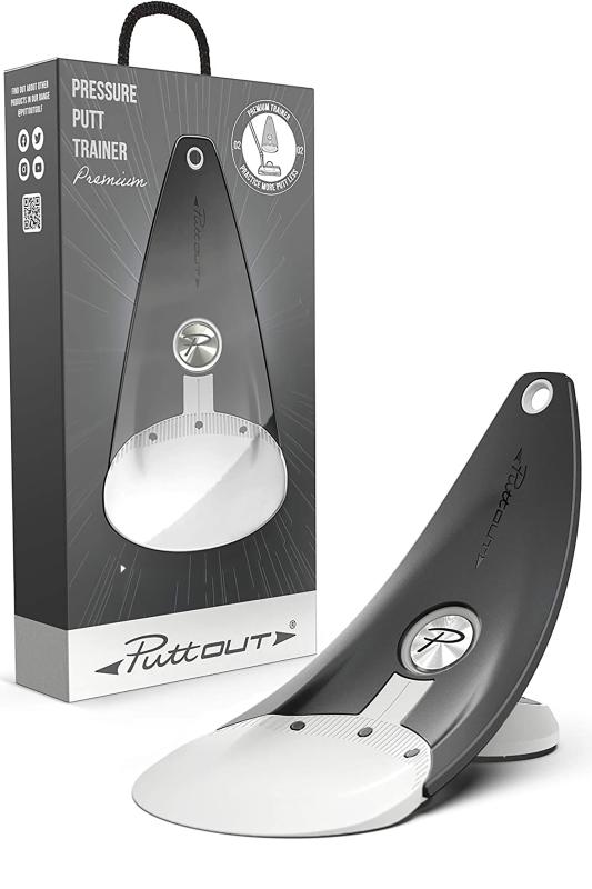 PuttOUT（パットアウト） パター練習器具 プレミアムプレッシャーパットトレーナー パター 練習 ゴルフ練習 【 室内で出来る本格的なパッティング練習 】ゴルフ練習器具 (距離感や方向性の✅【パターが好きになるパター練習器具】PuttOUTはパターの練習がつまらないという意見から生まれたパター練習器具です。実際のカップサイズと同じターゲットは、家にいながら本番さながらのゴルフ練習を実現できます。カップインにちょうど良い力加減打てばパットポケットに収まるようになっており、ゲーム感覚で飽きないゴルフ練習器具です。✅【カップまで届く力加減が身につくパター練習器具】パターが苦手な方が、よく陥るのが「ショート」です。当製品では、カップから43cmオーバーの力加減を最適なパッティングと定義し、最適な力加減を体感できる構造となっています。カップをオーバーする力で打てば何度でも自分の方へ返球されるので、ショートが多い方のゴルフ練習におすすめです。✅【化学的に形成されたパラボラランプデザイン】当製品は、科学的に形成されたゴルフ練習器具です。放射線状のデザインは、カップからオーバーした分だけボールが戻ってくる構造。距離感が視覚的にわかるので、パターの力加減を身につけるのにおすすめのパター練習器具です。正確なコースでパッティングできればボールが自分側に戻ってくるので、ボールを取りに行く手間も省けます。✅【カップと同じサイズのターゲット】ターゲットサイズは、実際のカップサイズと同じ設計でできています。そのため、練習で習得したパッティングのイメージを、そのまま本番で活用できるゴルフ練習器具です。またターゲットには、3つのドット（目印）が付いており、精密なコントロール力を養えるのも特徴です。✅【コンパクトに折りたためるパター練習器具】当製品は、折りたたみ可能でゴルフバッグに収納できるほどの大きさになります。そのため、収納時に場所を取りませんし、ゴルフ場に持っていけばラウンド前に練習グリーンで使用することも可能です。ご自宅でのゴルフ練習におすすめの練習器具です。