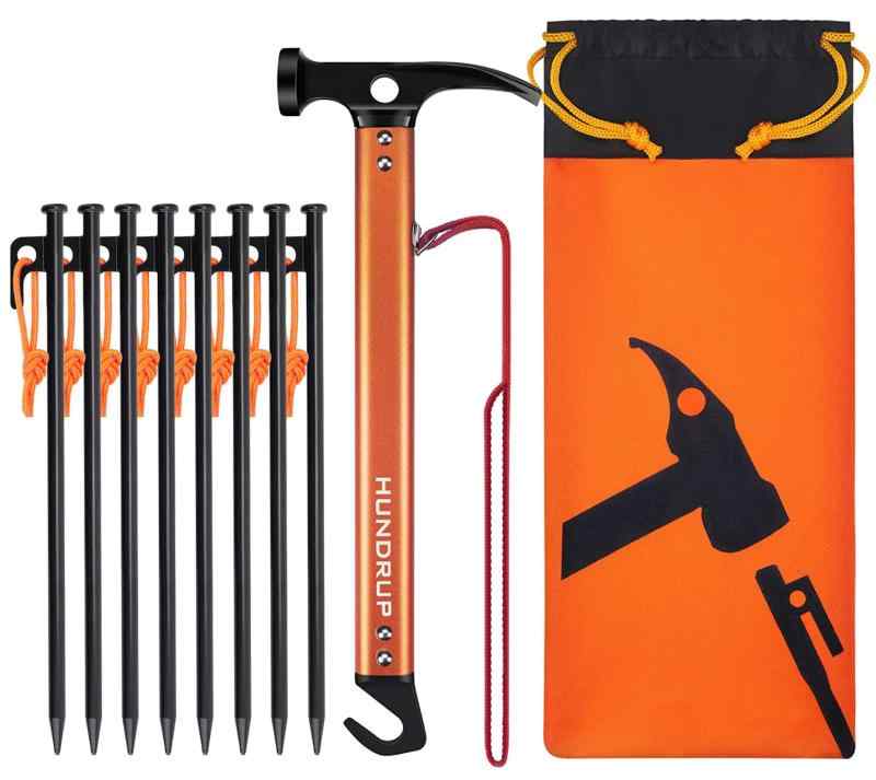 HUNDRUP【強化版】 (ペグハンマー/30cmペグ 8本+ハンマーセット) キャンプハンマー 鍛造ペグ 反射材入..