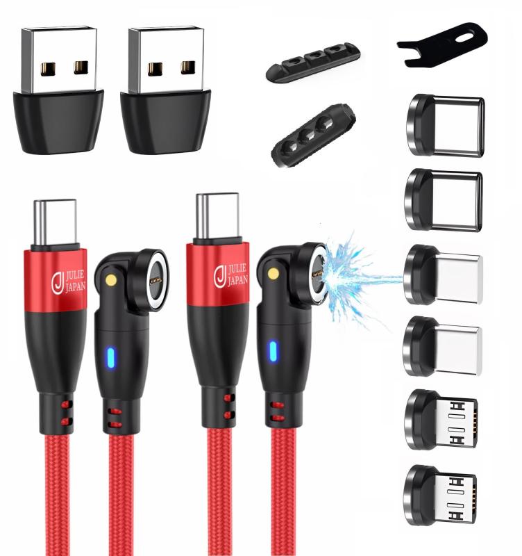 JJ JULIE JAPAN マグネット充電ケーブル 9PIN PD 60W マグネット端子3種類(USB Type-C,MicroUSB,アイプロダクト) QC データ通信対応 2本セット