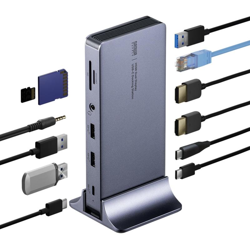 サンワダイレクト Type-C ドッキングステーション 2画面出力 4K HDMI 縦型スタンド付 LAN PD 100W イヤホンジャック SD microSD アルミ製 11in1 400-VGA025
