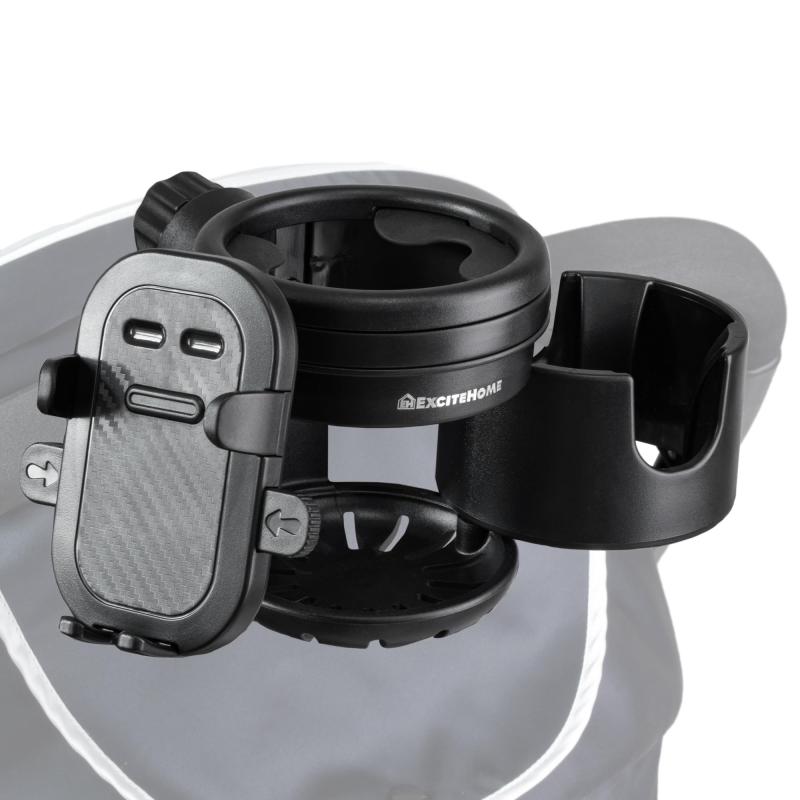 【現役保育士監修】EXCITEHOME ベビーカー ドリンクホルダー(2個) スマホホルダー スマホ 携帯 ホルダー 哺乳瓶 取手付きボトル 水筒 ボトルホルダー 360度回転 角度調整可能 取付簡単 収納 お【赤ちゃんにも優しい素材】 本製品は、高品質のABS樹脂素材を採用しています。環境に優しく、体に無害な素材なので、赤ちゃんが口に入れたとしても問題ありません。また、軽量で十分な強度があるので、衝撃に強く耐久性にも優れています。【お出かけをもっと快適に】 ベビーカーを押しながら、お散歩やお買い物をする時に、バックから飲み物やスマホを出し入れする手間が省けます。ドリンクホルダーを利用することで、両手が解放され、お子様とのお出かけをより安全に快適にします。【2つドリンクを固定】 メインホルダーとサブホルダーがあり、2つのドリンクを置くことができます。哺乳瓶・ペットボトル・水筒など様々なサイズに対応しており、サブホルダーには、U字の溝を設けているので、お子様用の取手付きのボトルも入れることができます。【ホールド感抜群で落下防止】 メインホルダーにはシリコンの滑り止め、サブホルダーには柔軟性のある突起が付いています。お飲み物をしっかりホールドできるため、移動中の振動によるこぼれや落下を防ぎます。【スマホホルダー付きで便利】バネ式のクリップでしっかりスマホを固定するので、買い物やお散歩の時のスマホ操作が簡単です。スマホホルダーは左右にスライドでき、お好みの位置に調整可能です。また、360度回転するスタンドにより、縦置き・横置きどちらにも対応しています。【取り付け簡単＆360度角度調整可能】固定用のクリップで挟み、ネジを締めるだけで誰でも簡単に取り付けが可能です。工具などは一切不要です。クリップは360度回転し、カチカチと回転させることで角度調整が自由にできます。斜めの場所でも垂直にホルダーを固定でき、使いやすい位置でご使用いただけます。使いたい角度に調整後、ネジを締めて下さい。【製品仕様】 [商品仕様] ツイン ボトルホルダー＆スマホホルダー/重量:約360g/カラー:ブラック/素材:プラスチック(ABS樹脂素材)　[ホルダー仕様] メインホルダー (高さ:約11.5cm/直径(内寸):約8.5cm), サブホルダー (高さ:約5.8cm/直径(内寸)約8.0cm), スマホホルダー（高さ:約11.0cm）[対応ボトルサイズ] メインホルダー:直径約5.5～7.5cm, サブホルダー:直径約5.5～6.5cm [対応スマホサイズ] 幅約6.0~9.0cm　/ 当社が品質管理や輸送管理を徹底しておりますので安心してご購入下さい。