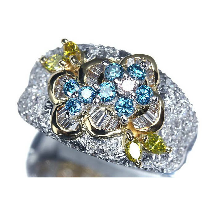 Rakuten - 《Diamond》上質ピンクダイヤ ブルーダイヤ イエローダイヤ クリアダイヤ 総計1.3ct K18 Pt900 超高級リング 13号 ダイヤ 指輪 リング