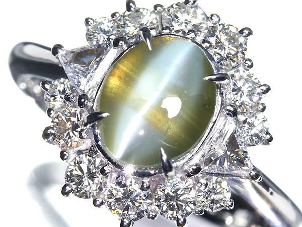 《Chrysoberyl》上質クリソベリルキャッツアイ 大粒2.135ct 上質ダイヤモンド 総計0.73ct Pt900 超高級リング 14号 指輪 リング ダイヤ Cat's Eye