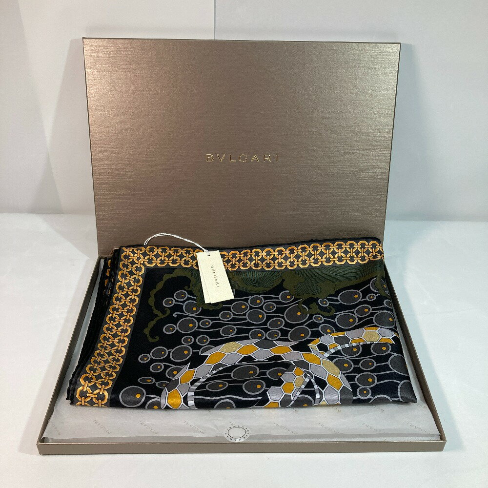 ◎◎【中古】BVLGARI ブルガリ Heritage Collection スカーフ 外箱付 90cm×90cm シルク DIVINA 244461 ブラック x ゴールド x グリーン Sランク