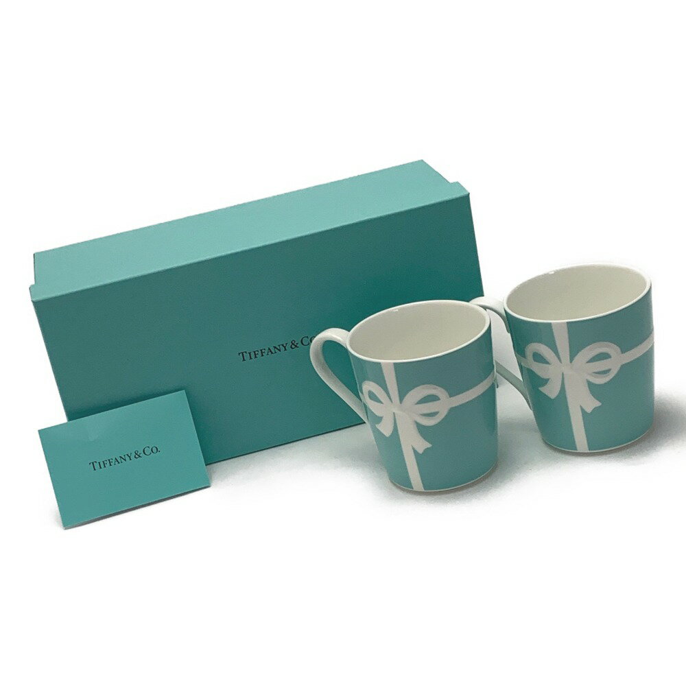 ☆☆【中古】Tiffany & Co. ティファニー 《 ブルー リボン ボックス マグカップ 》 2Pセット Aランク