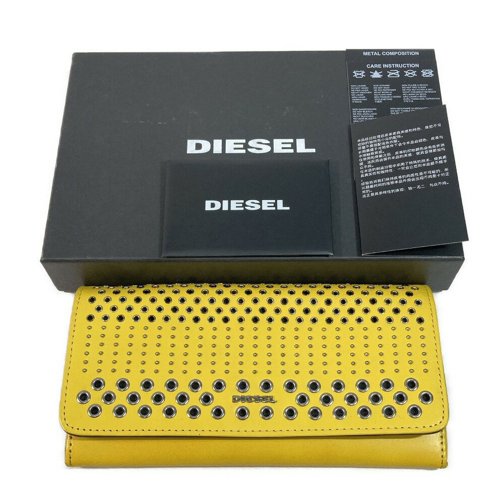 ◎◎【中古】DIESEL ディーゼル 長財布 イエロー x シルバー x ブラック スタッズ 牛革 レザー Bランク