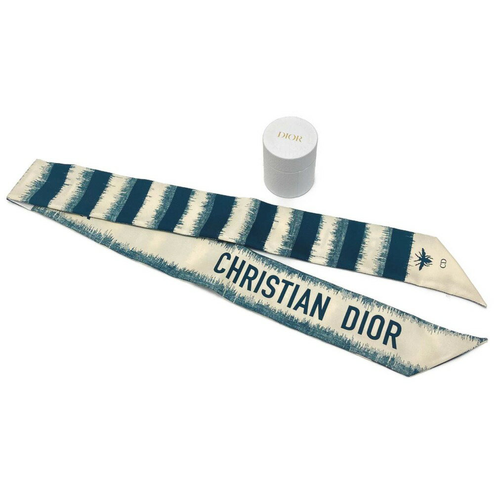 ☆☆【中古】Christian Dior クリスチャンディオール ミッツァ D-STRIPES リボンスカーフ グリーン×アイボリー シルク100％ 箱有 Aランク