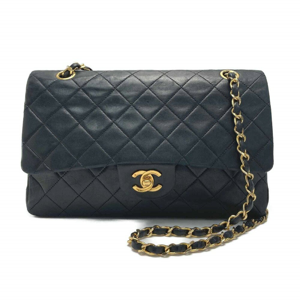 ☆☆【中古】CHANEL シャネル マトラッセ25 Wフラップ チェーンショルダーバッグ ブラック ラムスキン Cランク