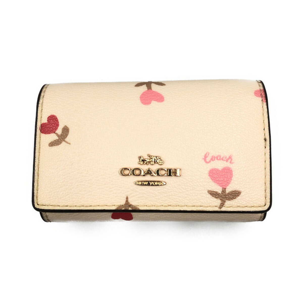 〇〇【中古】COACH コーチ ハート フローラル プリント 花柄 5連 キーケース C3303 ホワイト Cランク