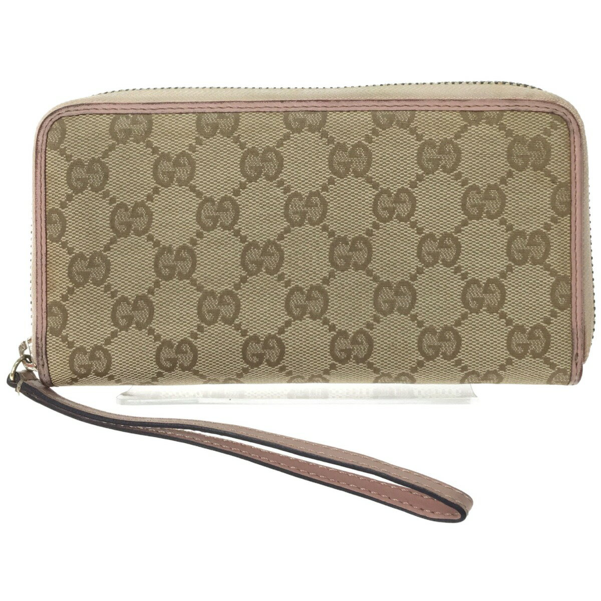 ▼▼【中古】GUCCI グッチ レディース ラウンドファスナー長財布 グッチシマ 245914 ベージュ×ピンク Cランク