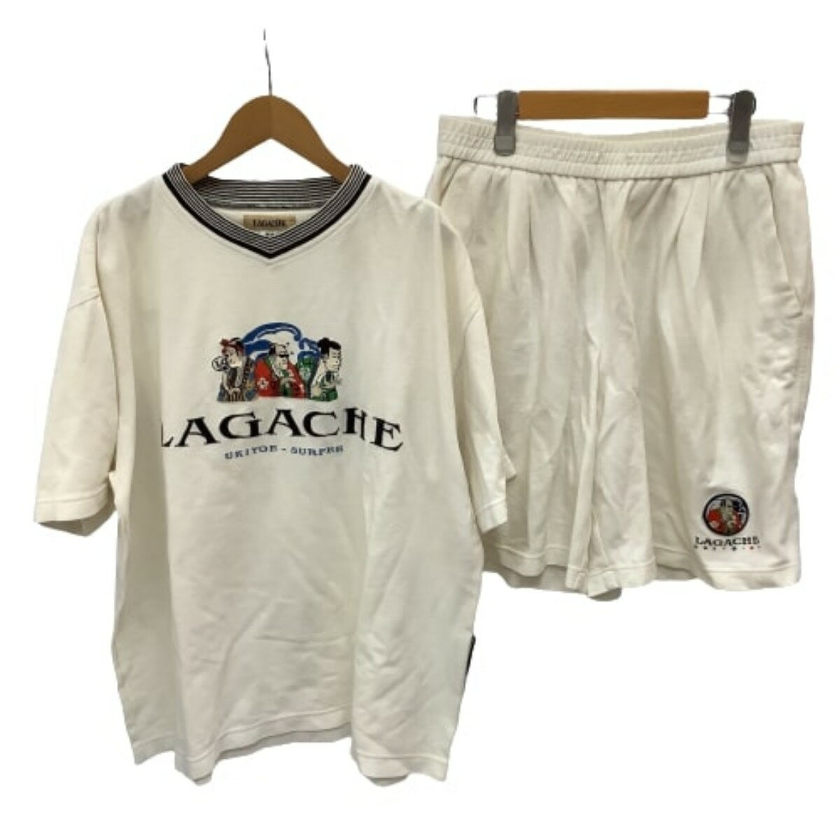 ♪♪【中古】LAGACHE ラガチェ メンズ セットアップ SIZE 48 浮世絵 サーファー ホワイト Cランク