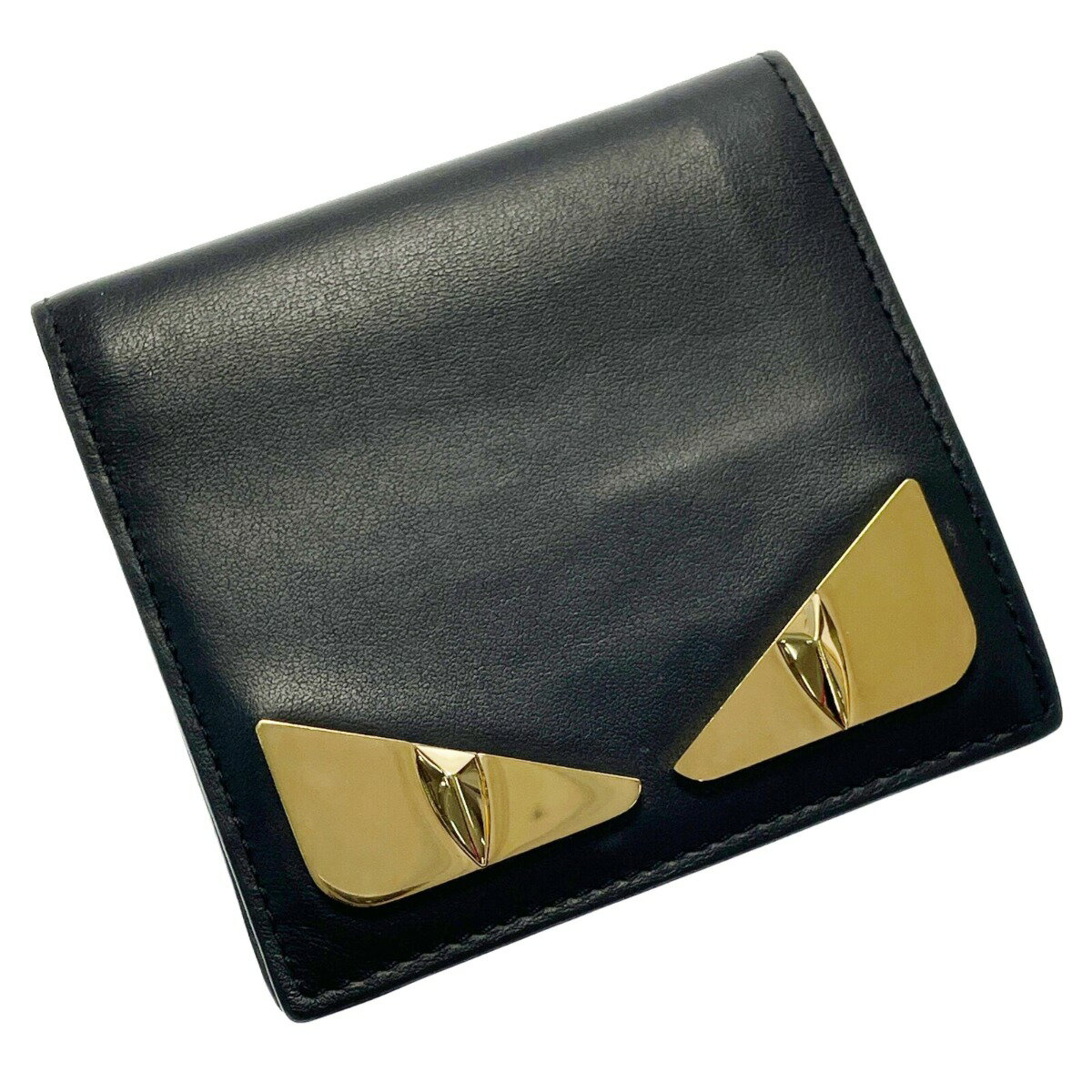 ☆☆【中古】FENDI フェンディ モンスター バグズ アイ 二つ折り札入れ 7M0274 ブラック レザー ゴールド金具 箱・布袋有 Bランク