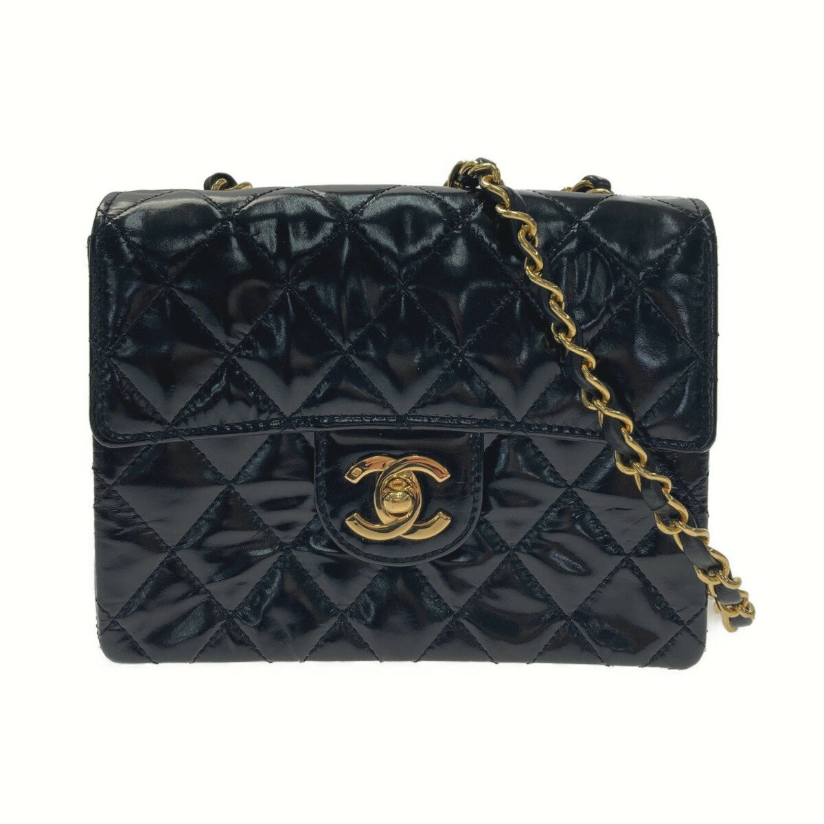 ☆☆【中古】CHANEL シャネル ミニマトラッセ チェーンショルダーバッグ ブラック エナメル 布袋・ギャランティ有 Cランク