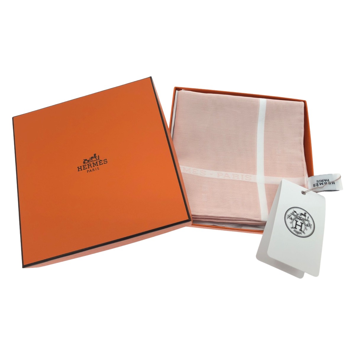 ▼▼【中古】HERMES エルメス レディース ハンカチ H柄 綿100％ 46×47 タグ付 ピンク Sランク