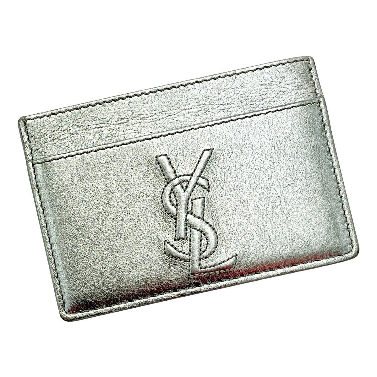 ☆☆【中古】Yves Saint Laurent イブサンローラン カードケース パスケース シルバー レザー 服飾雑貨 Bランク